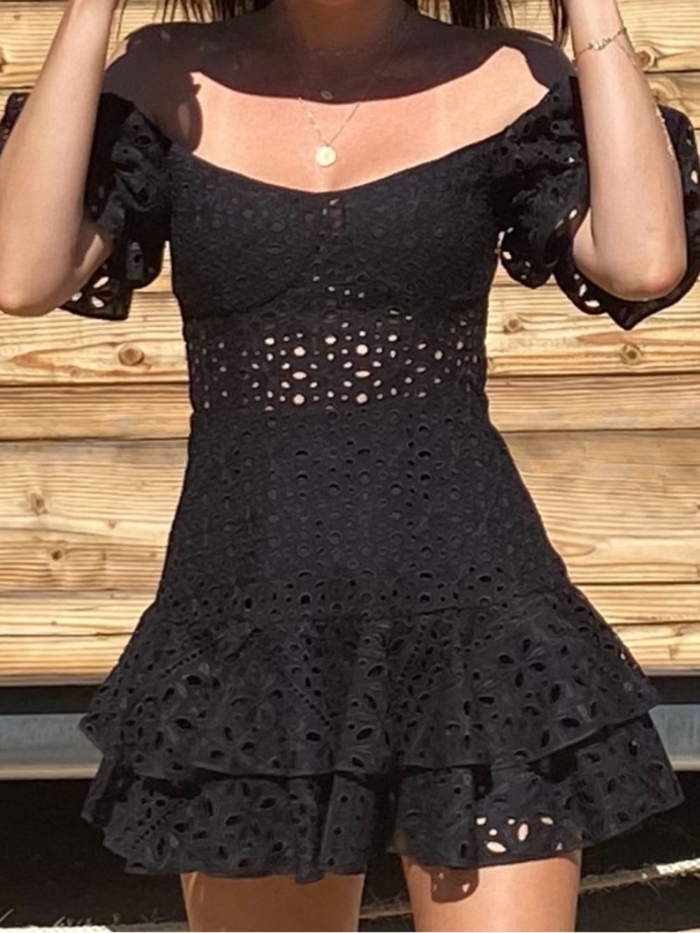 Charo Ruiz Black Eyelet Mini Dress with Puff Sleeves